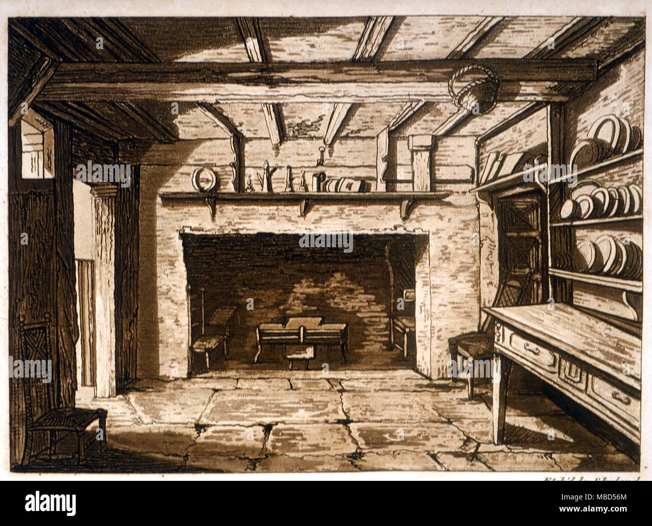 Shakespeare-Haus. Küche im Haus, in dem er geboren wurde. Von Samuel Irland" die malerische Aussicht auf den Oberen oder Warwickshire Avon ... 1795 Stockfoto