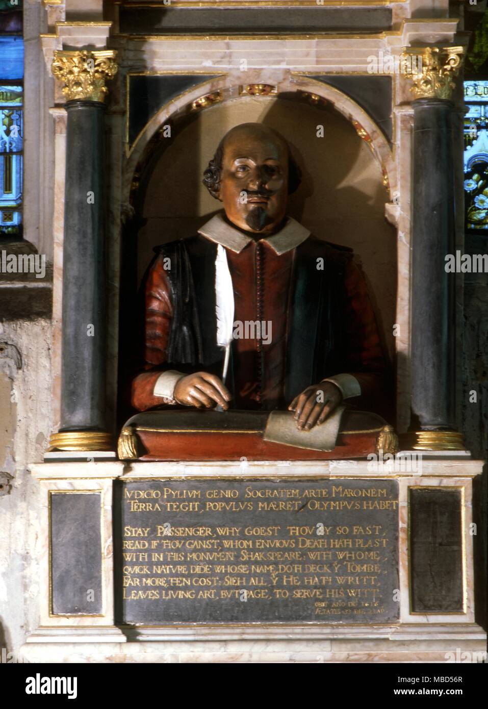 Portrait von Shakespeare aus der Gedenkstätte in der Kirche von Stratford-on-Avon. Es war bis 1623, dem Jahr der ersten Folio veröffentlicht wurde. Stockfoto