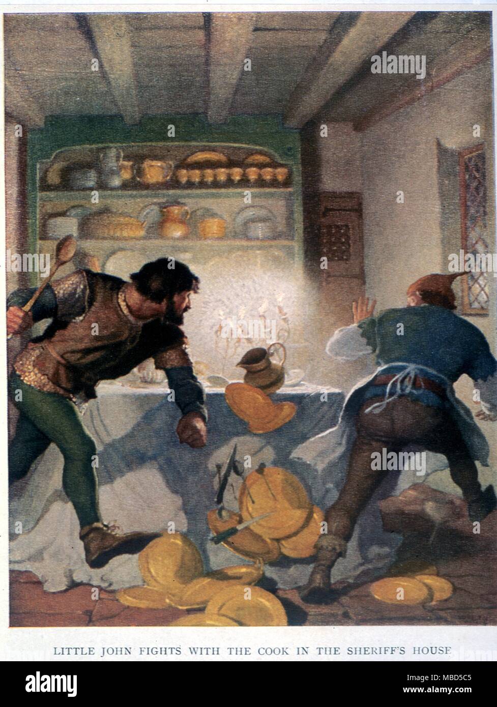 Illustration von N.C. Wyeth für Robin Hood und seine Lustige ächtet. Little John kämpft mit dem Kochen. Stockfoto