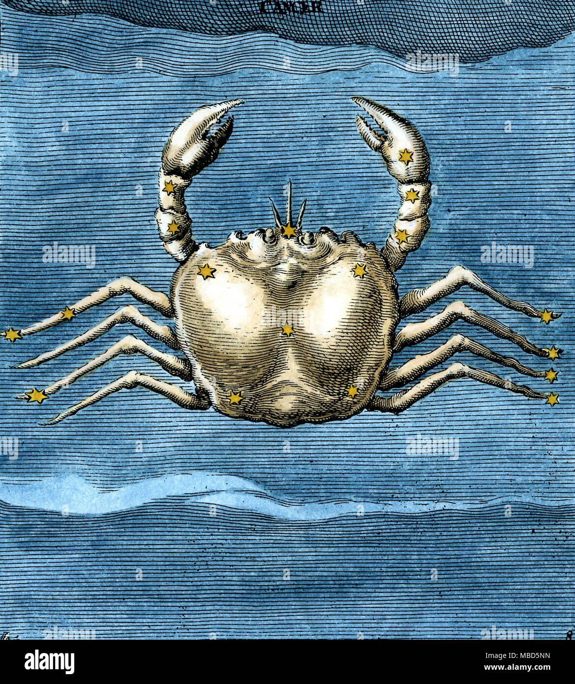 Sternbilder Krebs achtzehnten Jahrhundert handcolorierte Kupferstich von constellational Krebs das Bild auf der Beleuchtung im 9. Jahrhundert Aratea Manuskript in Leiden, die in sich selbst auf der Grundlage der lateinischen Übersetzung des griechischen Original des Aratus im ersten Jahrhundert unserer Zeitrechnung geschrieben ist. Aratus wurde ca. 315 v. Chr. in Soli an der Südküste der heutigen Türkei geboren und soll seine phaenomena Für die Herrscher von Mazedonien Antigonos Gonatas geschrieben zu haben Stockfoto