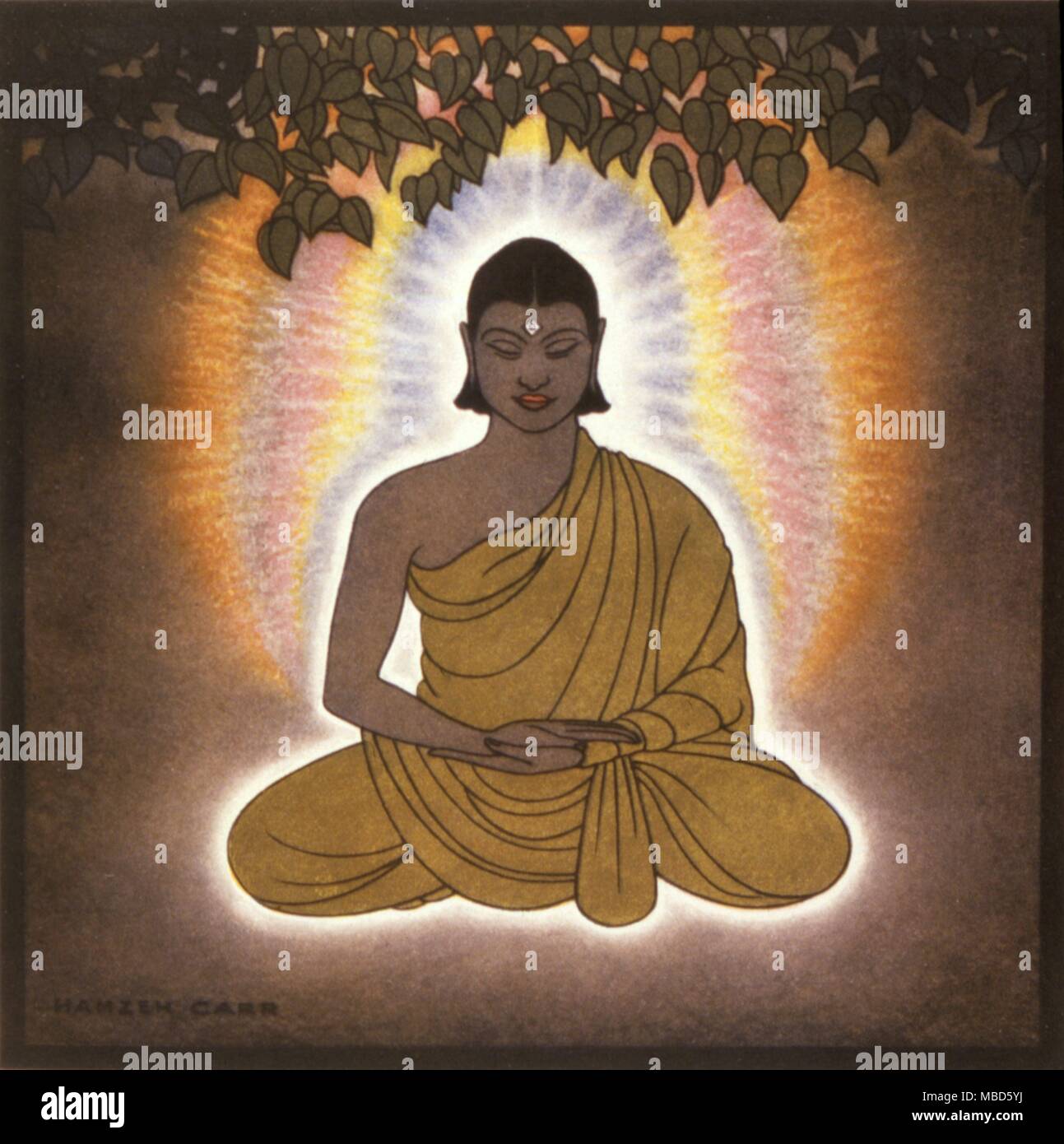 Aura der Buddha, sagte, durch einige Okkultisten ein Maß von über einer Meile zu haben. Von Arnolds Licht von Asien, 1926. Illustration von Hamzeh Carr. Stockfoto