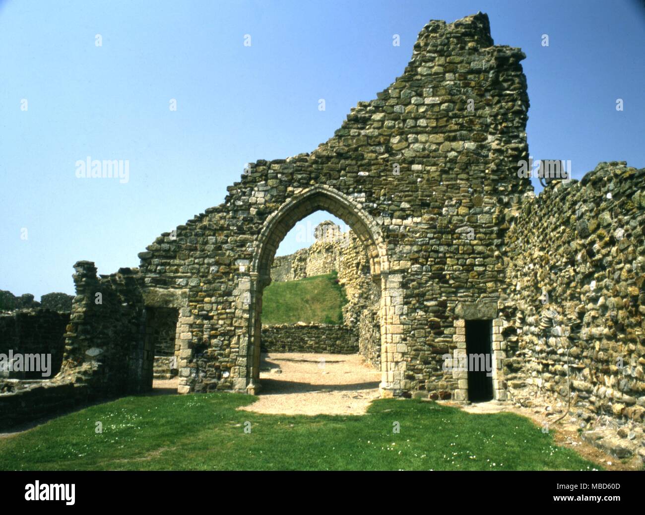 Hastings Castle war die erste Festung von William dem Eroberer erbaut - zunächst als eine hölzerne Festung, dann in Stein. Die heftigen Stürme von 1287 fegten sie viel des ursprünglichen Gebäudes. Stockfoto