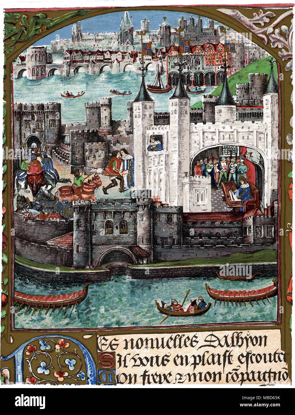 Geschichte von Großbritannien - TOWER VON LONDON - Henry VII Jahrhundert lithographischen Drucken, am Ende des 15. Jahrhunderts British Library Manuskript, Royal 16, w. ii. Das Manuskript schildert Heinrich VII. an seinem Schreibtisch, in den Weißen Turm, der Tower von London. Stockfoto