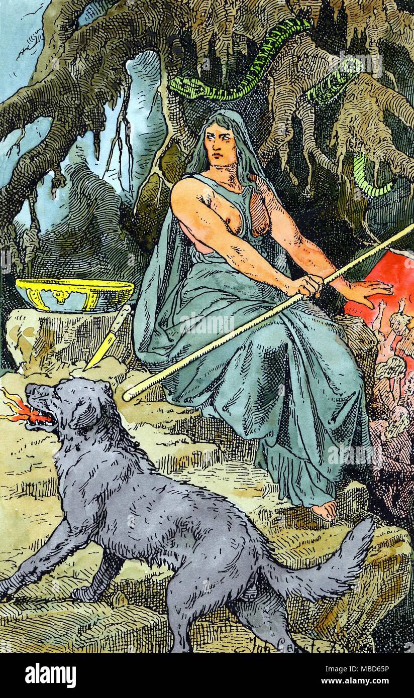 Germanische Mythos - HEL Hel oder Hela, der Göttin der Toten in der germanischen Mythologie. Sie ist hier dargestellt außerhalb Helheim sitzt, im traditionellen Gewand eines Sibyl. Vielleicht Ihre höllischen Wolf - Hund bellt bei Odin, als er Ansätze hel über den Tod von Balder zu konsultieren? 19. jahrhundert Hand - farbige Holz - Gravieren, nach dem Gemälde von Johannes Gehrts. Stockfoto