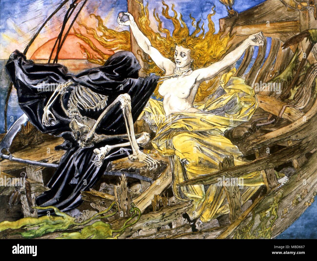 Tod Würfeln auf dem Schiff der Alten Mariner. Illustration von Noel Paton für coleridge's Gedicht, "Die Alten Mariner", 1863 Stockfoto