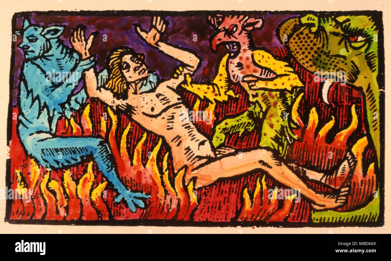 Anonyme handkolorierter Holzschnitt von circa 1510, die Hexen von Dämonen in der Hölle bestraft zu werden. Stockfoto