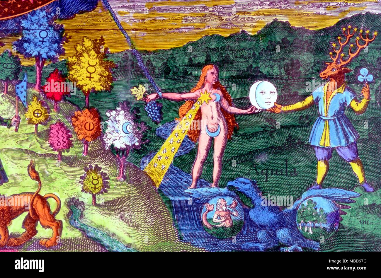 Personifizierung der Mond steht über dem Wasser ihre Herrschaft über solche wässrige Phänomene wie Gezeiten zu zeigen. Aus dem losen drucken Detail in der 1677 Ausgabe der Hausmeister Pansophus (seu Figura Aenea Quadripartita) des 'Museum Hermeticum'. - ©/Charles Walker Stockfoto