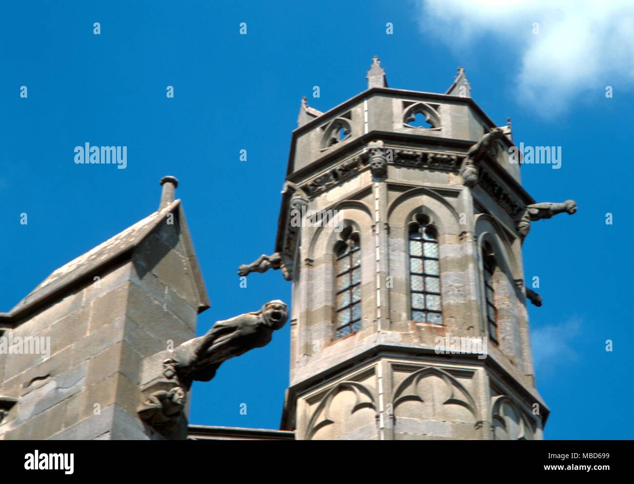 Katharer und Albigenser - Carcassonne - Details der wasserspeier an der Außenseite von St Nazaire Kirche, Carcassonne. Im Inneren der Kirche ist ein Flachrelief sagte, dass die Belagerung von Toulouse von 1218, in der Simon de Montfort wurde getötet zu vertreten. - ©/Charles Walker Stockfoto