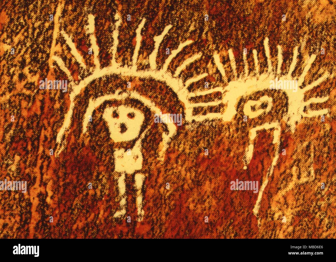 Zeichnungen der Nazca Kultur in der peruanischen Wüste. Bilder der Männer, behauptete von Daniken 'Raum'. Stockfoto
