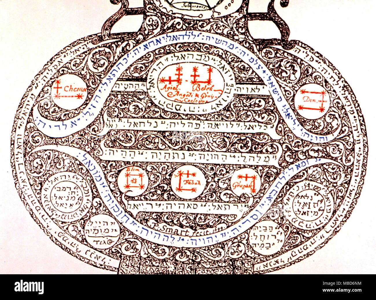 Magische Alphabete - geomantischen Figur, mit den Briefen von der magischen Alphabet mit Geomantie, das Alphabet der Engel und Genien durch Reydon in seinem Theomagia des 1664 veröffentlichten verbunden Stockfoto