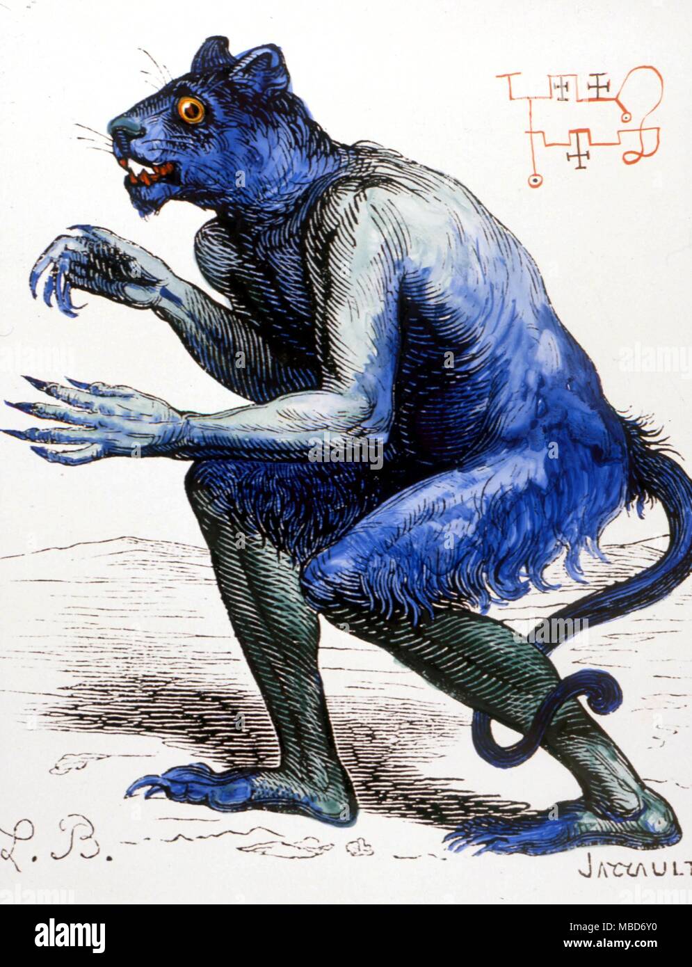 Die Katze - vorangegangen Dämon, Flauros, einer der Geister der salomonischen Tradition. Der Daemon ist ein demoted Bild der ägyptischen Göttin Sekhmet. Von den 1864 Edition von Collin de Plancy's Wörterbuch Infernal Stockfoto