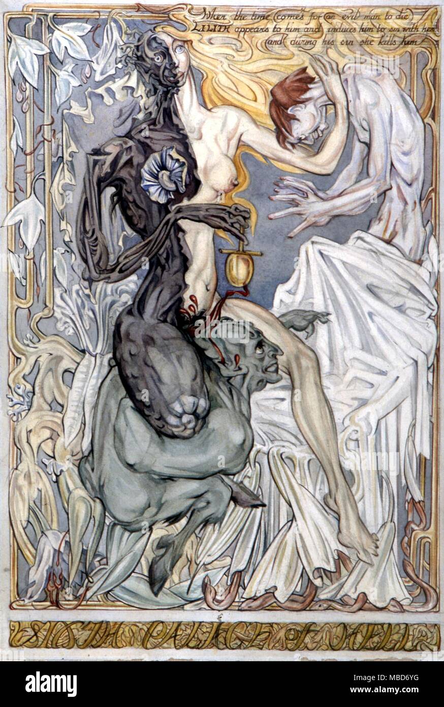 Lilith - der Jüdischen Vampir, Regeln über Geburt und Tod. In diesem Gemälde sie besucht das Totenbett eines sündigen Menschen, der Sechsten Palast der Hölle von Fay Pomerance Stockfoto