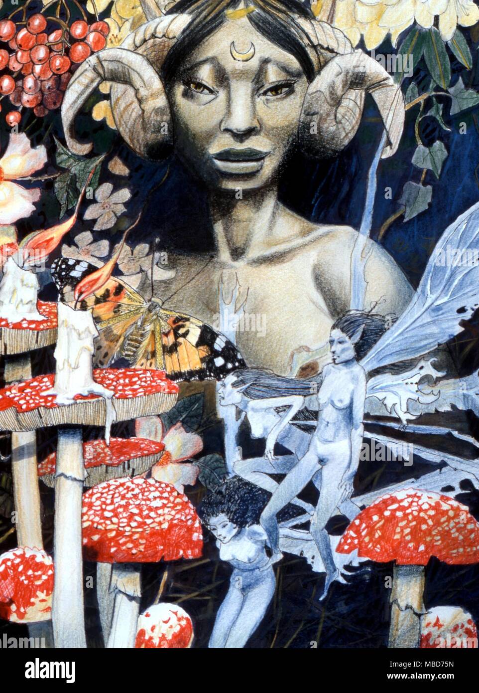 Feen - Mutter Erde, mit Fliegenpilzen, Feen und Kerzen. Malerei in Aquarell, Gouache, Bleistift und Tinte, von Gordon Wain, "Mutter Erde", 1991. Stockfoto