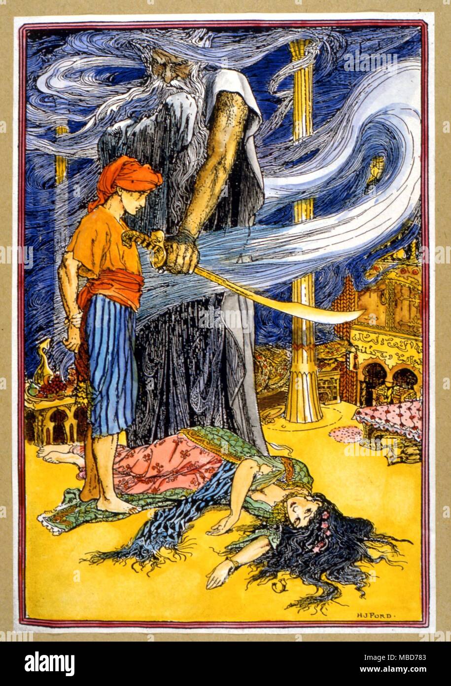 Monster - genien - Die genii Befehle der junge Mann, um die Prinzessin zu töten. Von der Geschichte des zweiten Kalender, der Arabian Nights 1908 (Andrew Lang) - von Ford ill. Stockfoto