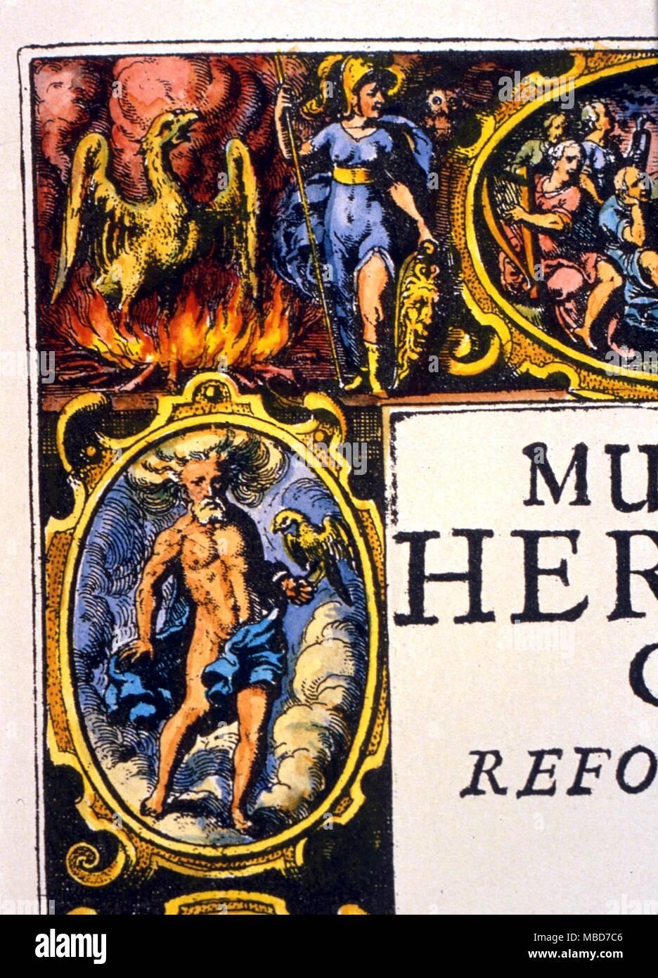 Alchemie - Phoenix & Emblem für Luft - die Phoenix in die Flammen, neben Athena, und oben Personifikation der Luft. Detail aus der 1625 titlepage Gravur von 'Musaeum Hermeticum', die zehn alchemistischen Abhandlungen, von Matt graviert. Merian. Stockfoto