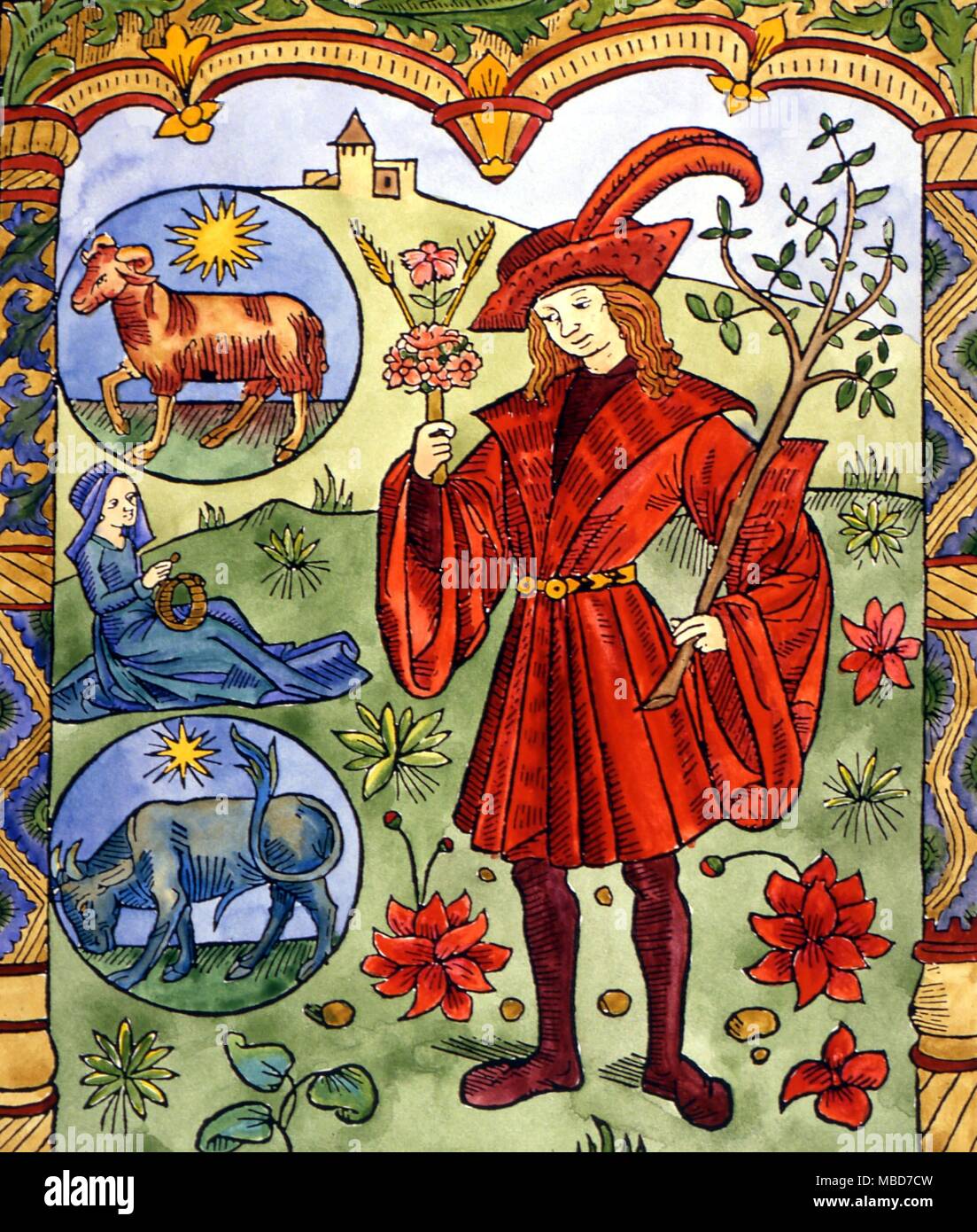 Spätmittelalterliche Holzschnitt von Shepherd Kalender, in dem die Zeichen Widder und Stier als Marker für das Frühjahr. Stockfoto