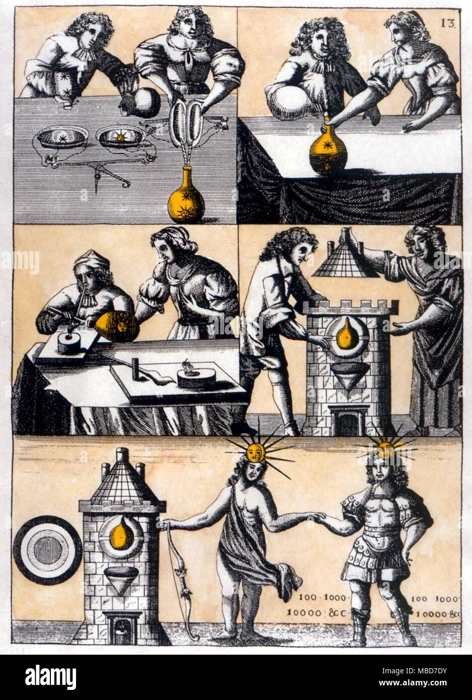 13 Der "utus Liber" (wortlose Buch), Jakob Saulat 1677 gedruckt, einem der bedeutendsten der alchemistischen Bücher des Jahrhunderts. Verschiedene Stufen der Produktion der Alchimistischen Stein. Stockfoto