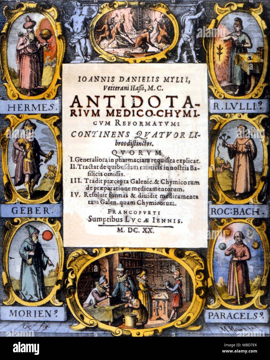 Alchemie - Titelseite der 'Antidotarium Johaann Mylius', 1620, eine Sammlung von pflanzlichen Heilmitteln. Bilder Bilder von Hermes, Lully, Ezjon-geber, Morenius und Paracelsus. Stockfoto