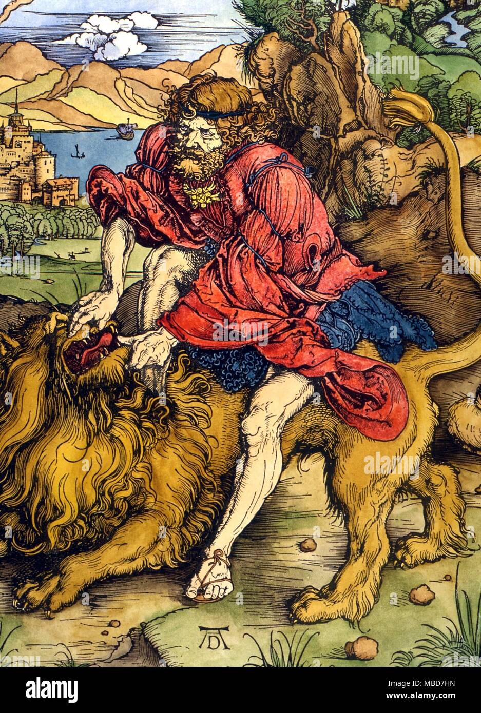 CHRISTIAN'S amson und der Löwe' - Details der Holzschnitt Drucken von dem deutschen Künstler, Dürer, C. 1497 Stockfoto