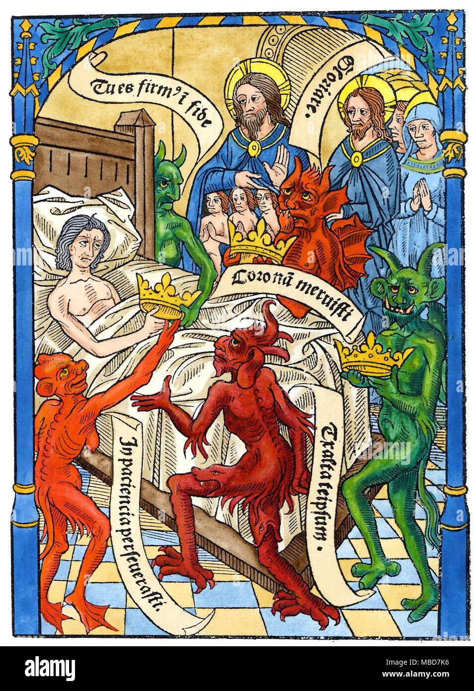 Dämonen - der Tod - CHRISTIAN die Dämonen und Christus die Teilnahme am Sterbebett eines Mannes, der für seine scheidende Seele zu kämpfen. Von einer Ars moriendi (Die Kunst des Sterbens), von ca. 1471). Stockfoto