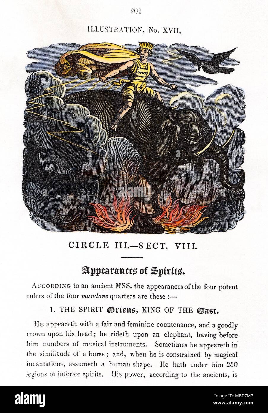 Dämonen - ORIENS Eine hieroglyphische Abbildung zeigt das Aussehen des dunklen Geist Oriens (dämonische König der Osten) in der Form, die er bei der Beschwörung verabschiedet. Er erscheint auf ein Elefant, und trägt eine goldene Krone - er ist in der Regel durch den Lärm der musikalischen Instrumente voraus. Handcolorierte Kupferstich aus der Zerzausten Astrologe des Neunzehnten Jahrhunderts; oder, Magazin der Celestial Intelligence, 1824. Stockfoto