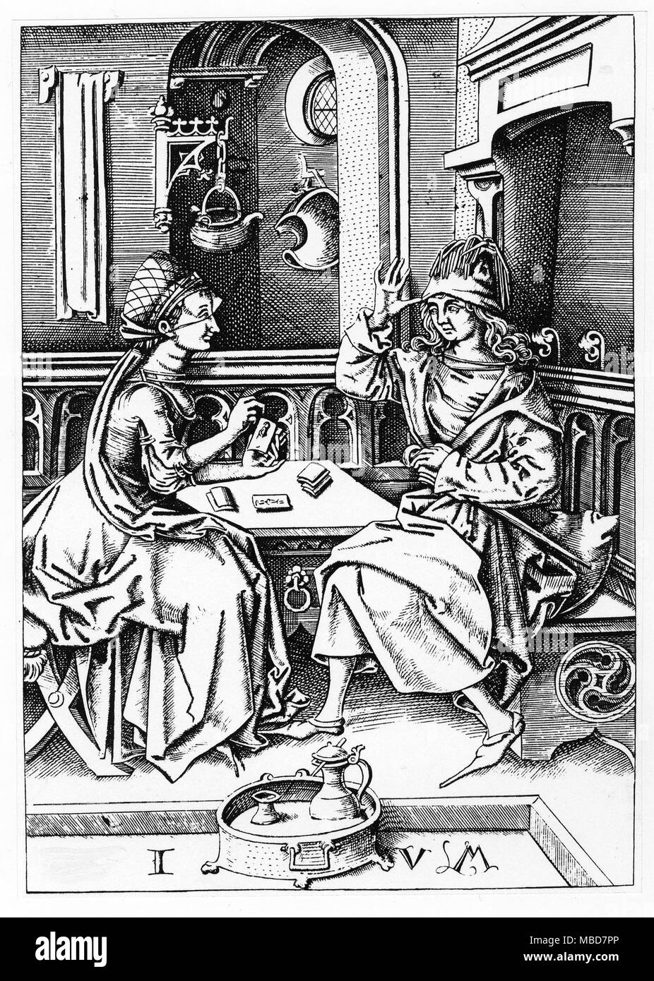 TAROT - CARTOMANCY - SPIELKARTEN Gravur zurückzuführen auf Israel van Mecken (Ende des 15. Jahrhunderts), zeigen einen Mann und eine Frau, Karten spielen, oder vielleicht Anhörung des Tarot. Von Samuel Weller Sänger reproduziert, erforscht die Geschichte der Spielkarten, 1816. Stockfoto