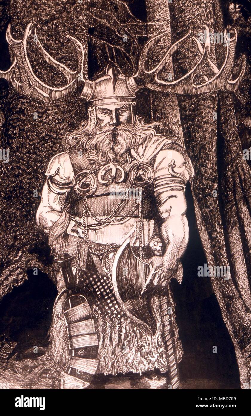 Britische Mythologie Herne der Jäger. Kugelschreiber und Bleistift Zeichnung von Gordon Wain, 1991 Stockfoto