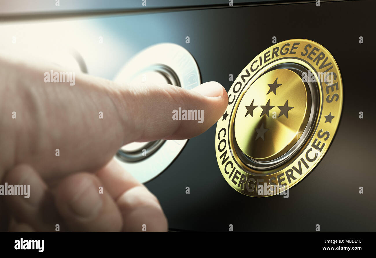 Mann Kontaktaufnahme mit Conciergeservice, indem Sie einen goldenen Knopf. Das zusammengesetzte Bild zwischen einer hand Fotografie und 3D-Hintergrund. Stockfoto