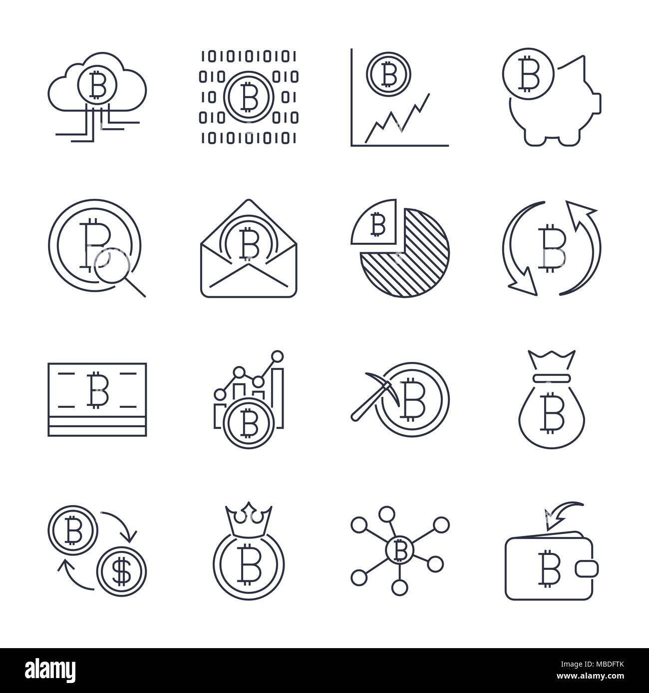 Cryptocurrency Zeile für Symbole gesetzt. Vektor Sammlung von dünnen Umrisse Bitcoin Finanzen Symbole. Editierbare Schlaganfall. Stock Vektor