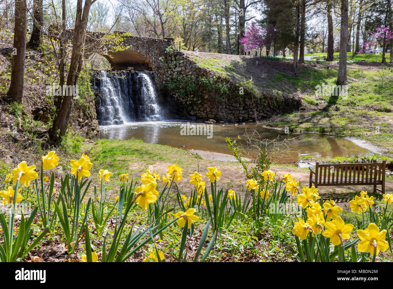 Wasserfall Brücke an Reynolda Gärten in Winston-Salem, North Carolina. Stockfoto