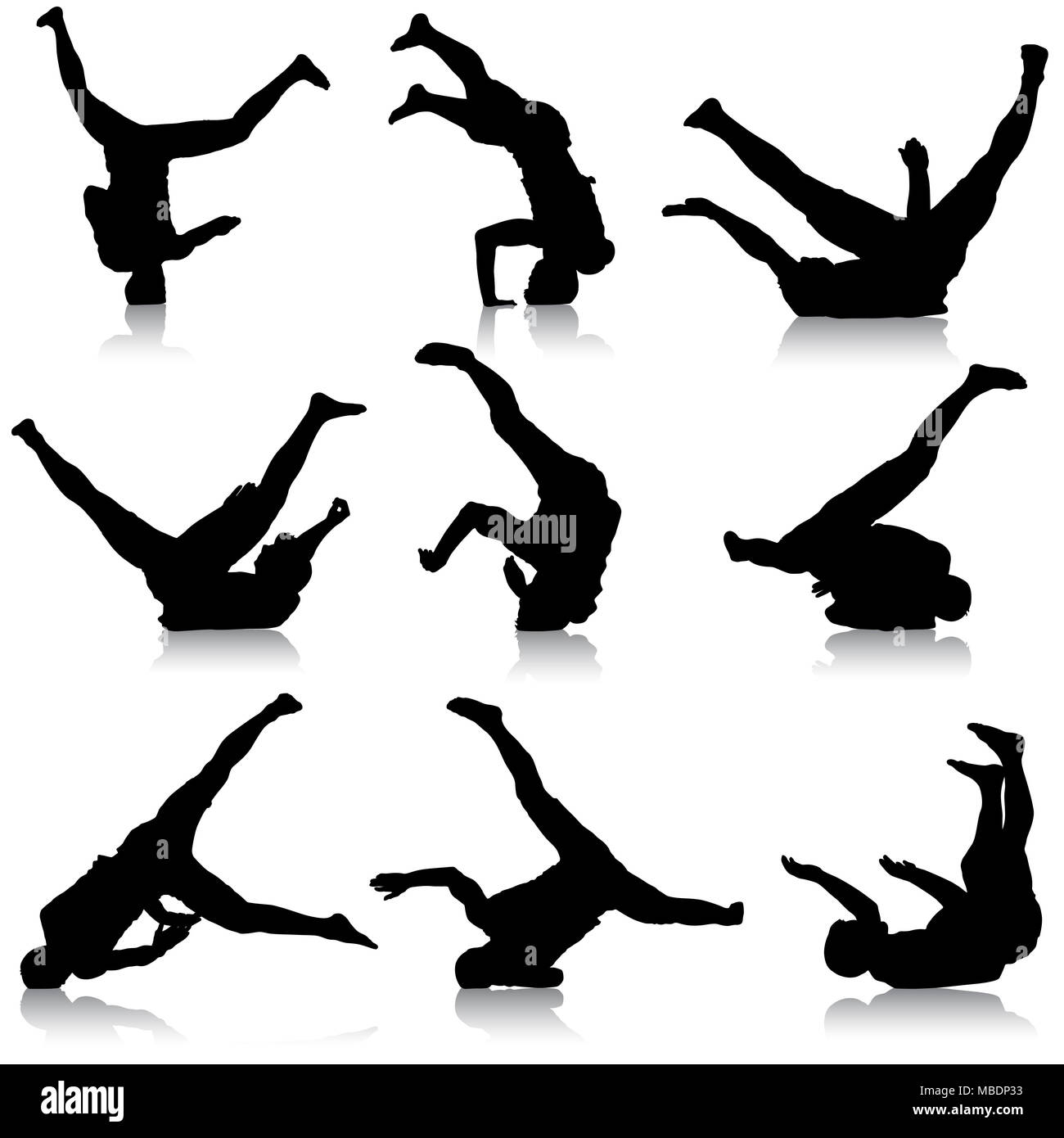 Schwarze Silhouetten Breakdance auf einem weißen Hintergrund festlegen Stockfoto