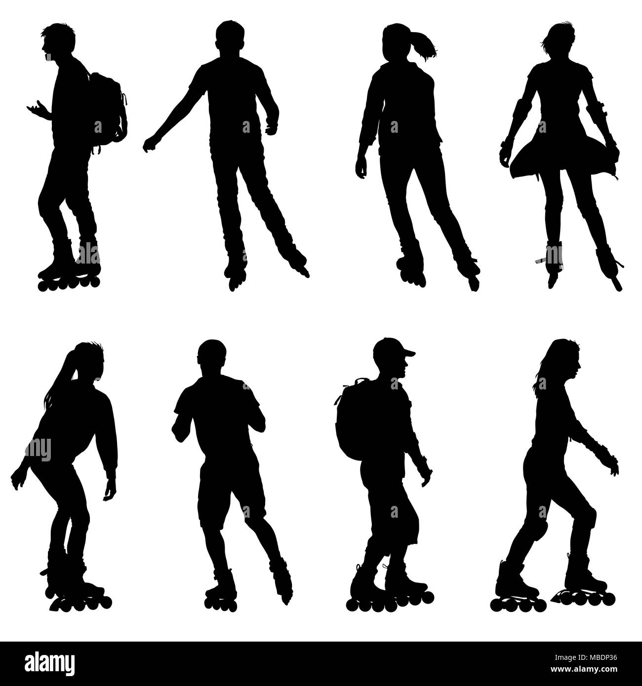 Schwarzer Silhouette eines Athleten auf Rollschuhen auf weißem Hintergrund Stockfoto