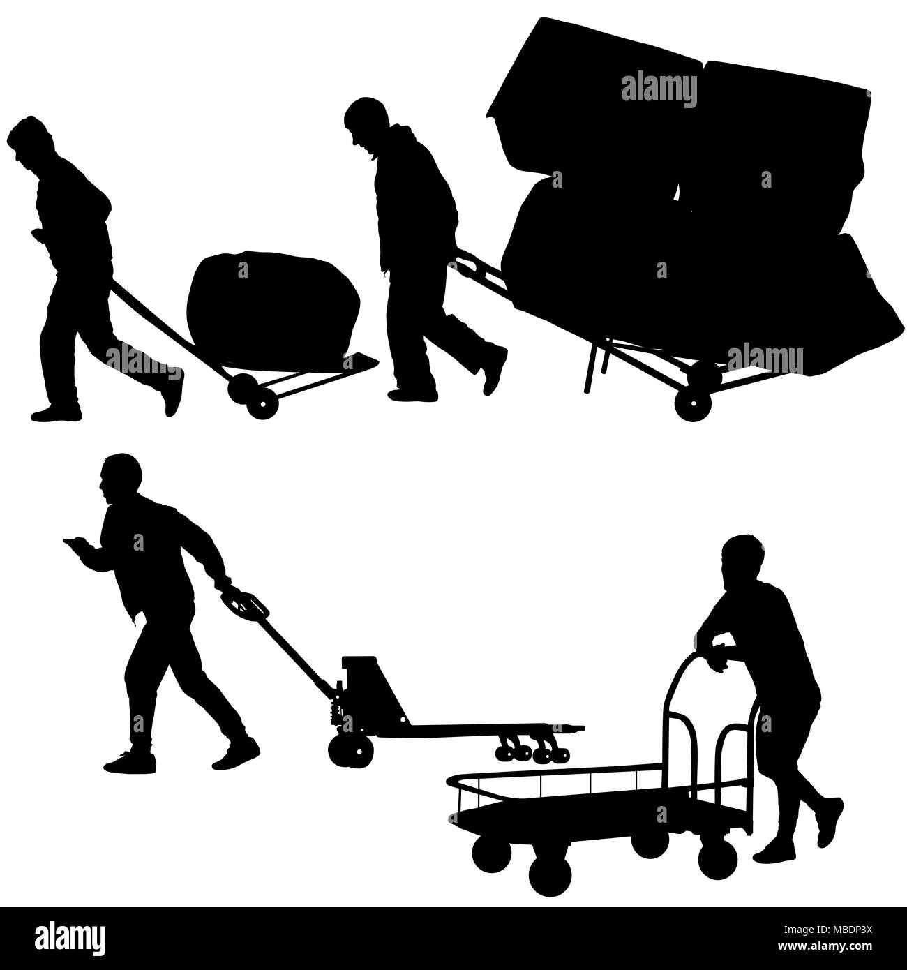 Schwarzer silhouette harter Arbeiter drücken Schubkarren und Big Box auf weißem Hintergrund durchführen Stockfoto