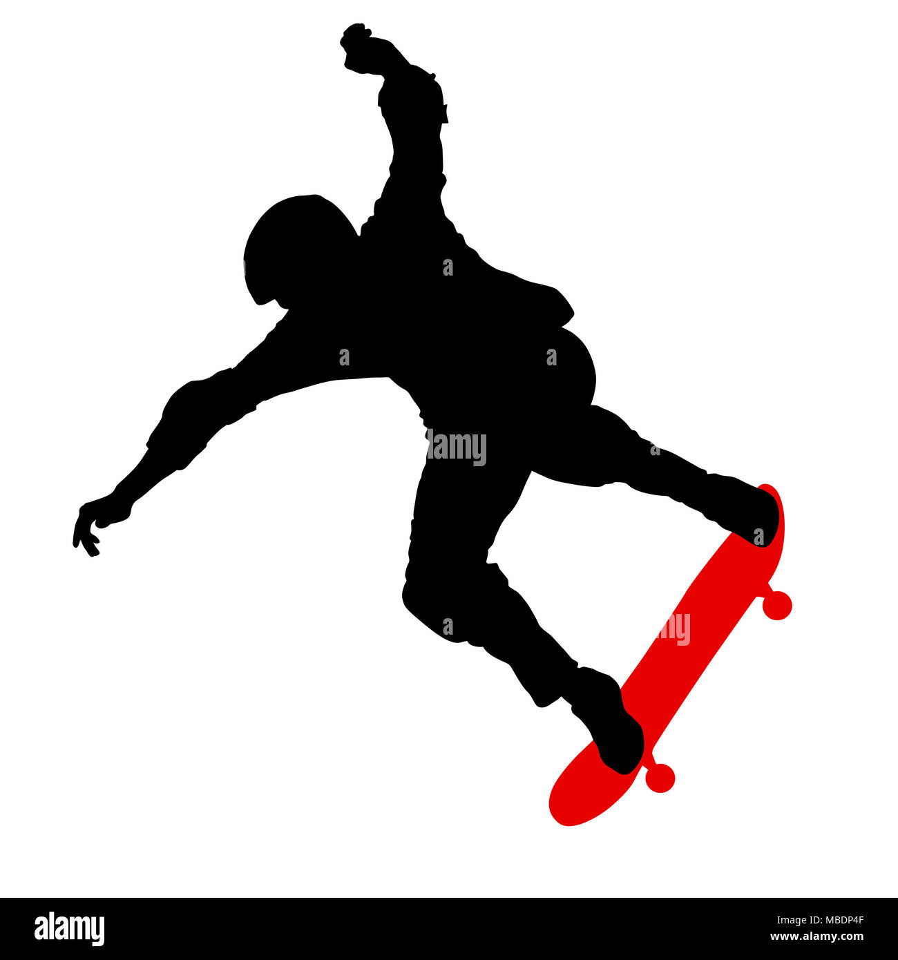 Schwarze Silhouette eines Athleten Skateboarder in einem Sprung Stockfoto