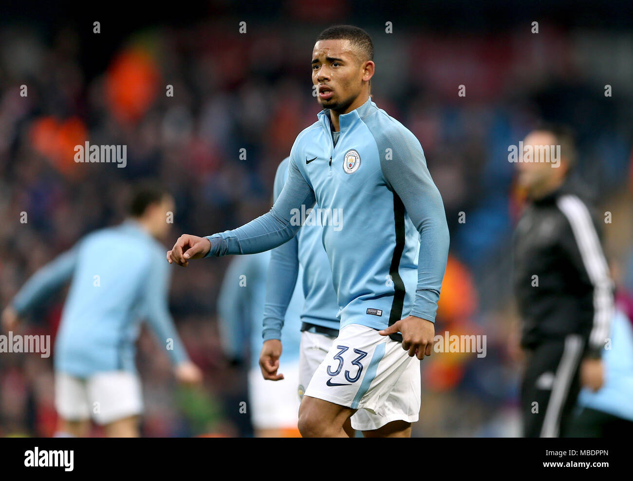 Von Manchester City Gabriel Jesus beim Aufwärmen vor dem UEFA Champions League, Viertelfinale am Etihad Stadium, Manchester. Stockfoto