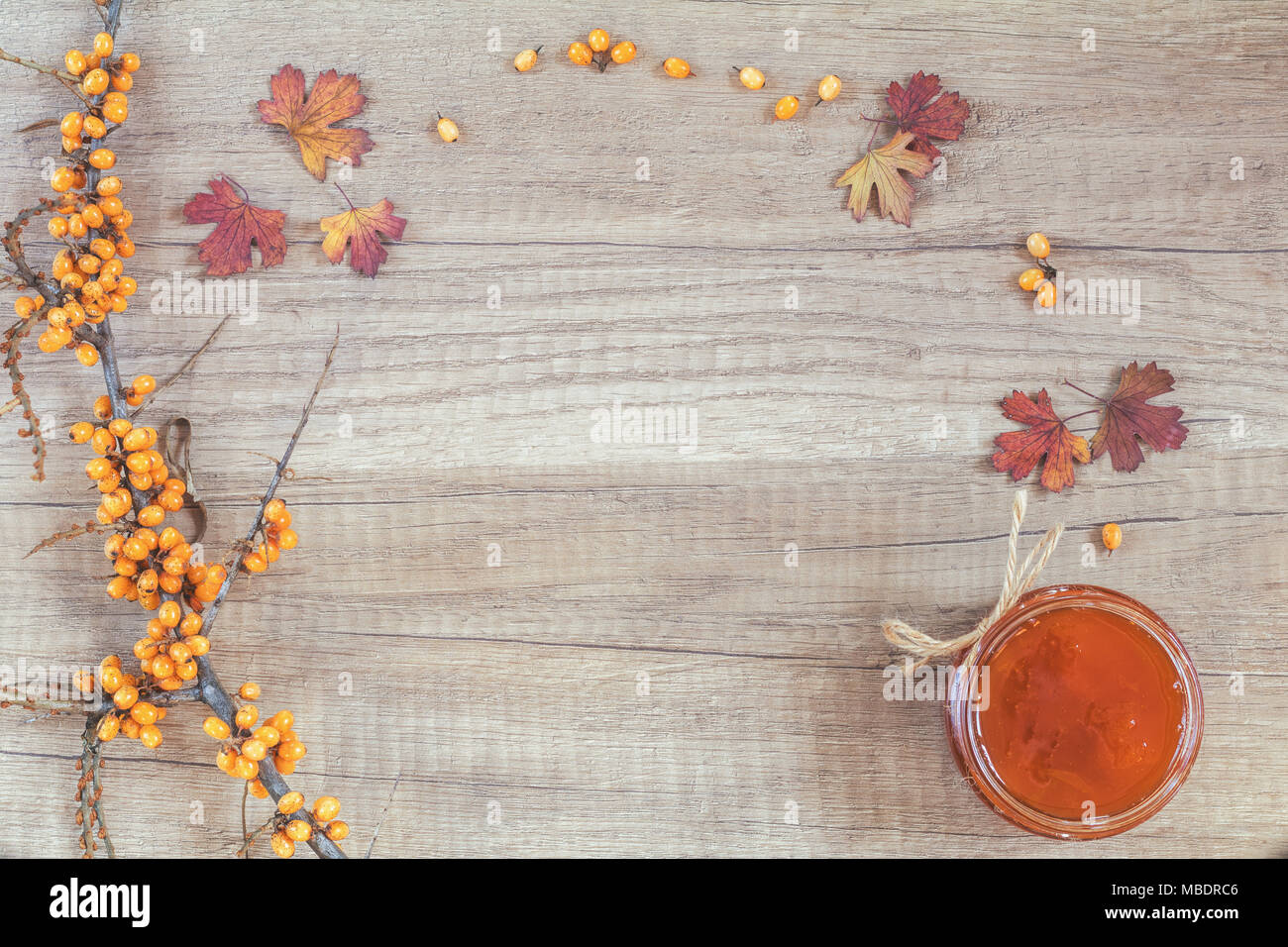 Zweig der gemeinsamen Sanddorn mit Berry und Hartriegel, getrocknet Herbst gelb, treibt und Marmeladenglas auf hellen Hintergrund. Stockfoto