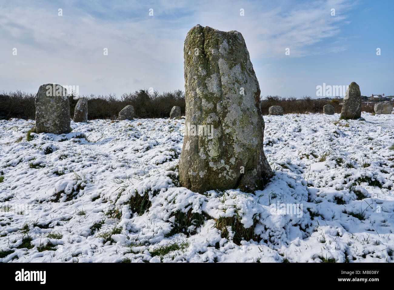 Boscawen Un. Steinkreis in Cornwall. Bronzezeit obwohl Der zentrale Stein aus der Jungsteinzeit geglaubt wird. Eine Woche vor dem CEST beginnt Stockfoto