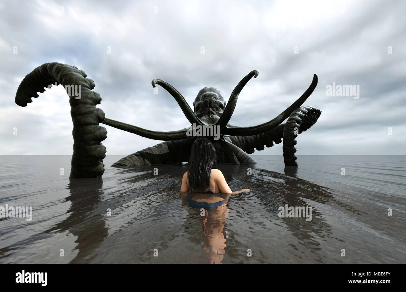 3d fantasy Illustration, Frau, Angriff von einem Seeungeheuer, Buch oder Buch Abbildung Konzept Hintergrund Stockfoto