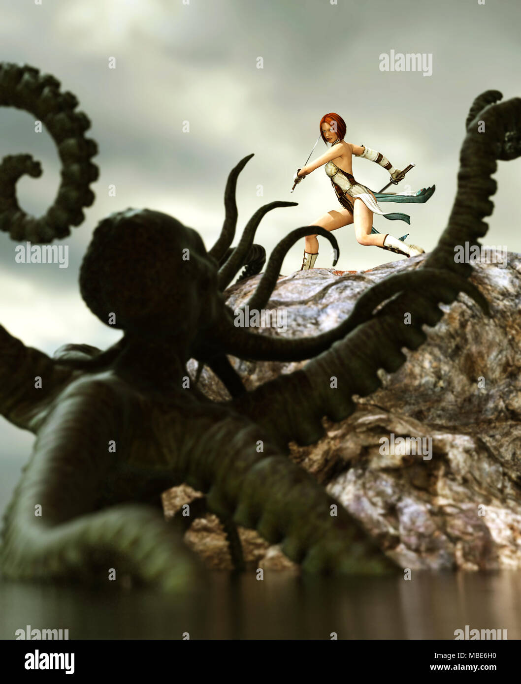 3d fantasy Illustration, weibliche Krieger, Angriff von einem Seeungeheuer, Buch oder Buch Abbildung Konzept Hintergrund Stockfoto