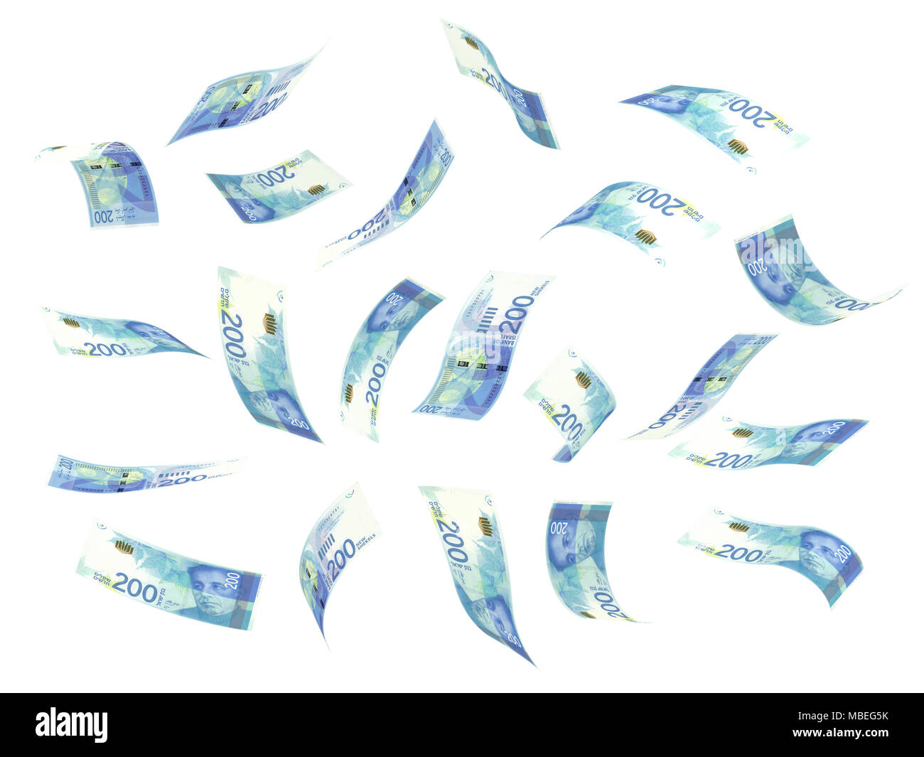 Fliegende ISRAELISCHE NEUE SCHEKEL (mit Freistellungspfad isoliert) Stockfoto