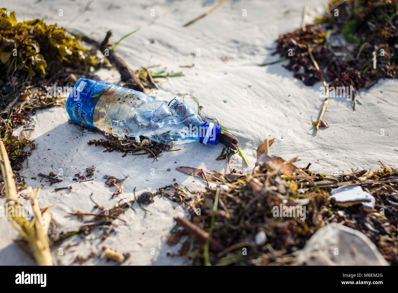 Plastikflasche liegt an der Küste von einem weißen Sandstrand Stockfoto