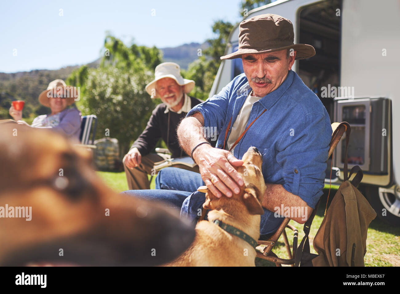 Active Senior Mann petting Hund an sonnigen Sommer Campingplatz Stockfoto