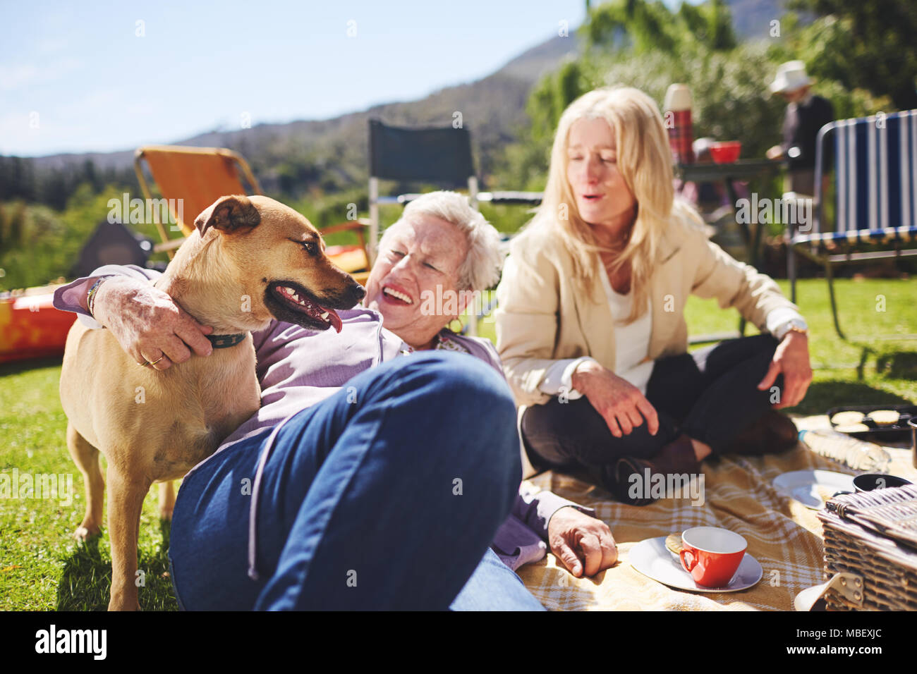 Gerne aktiver älterer Frauen und Hund genießt sonnigen Sommer Picknick Stockfoto