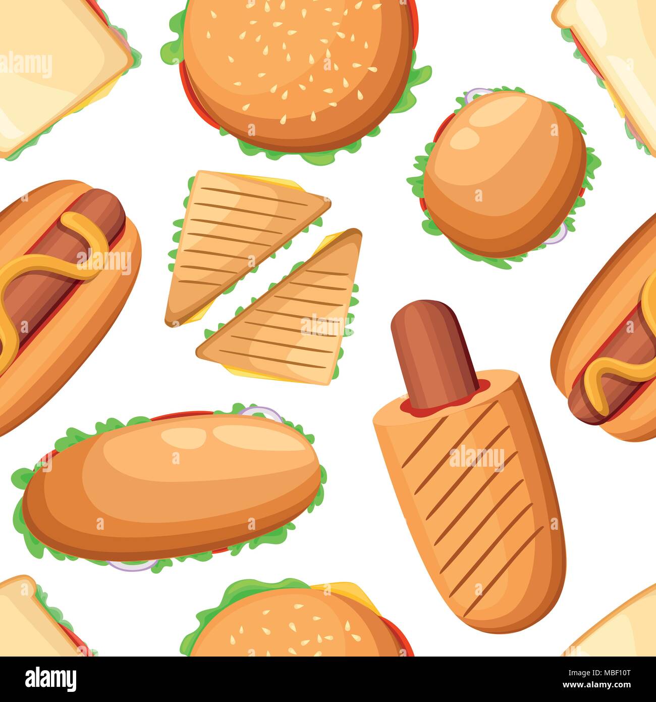 Nahtlose Muster von verschiedenen Sandwiches, Hot Dogs und Burger. Cartoon Design. Vector Illustration auf weißem Hintergrund. Web site Seite und Mobile Stock Vektor