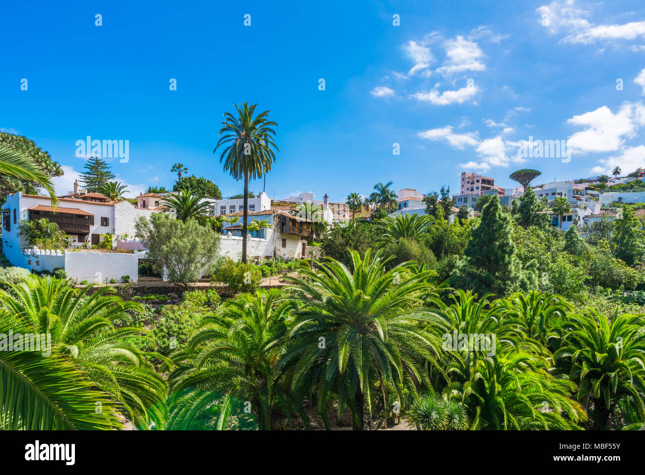 Anzeigen von Icod de los Vinos Stadt mit Kanarischen bunte Häuser, Teneriffa, Kanarische Inseln Stockfoto