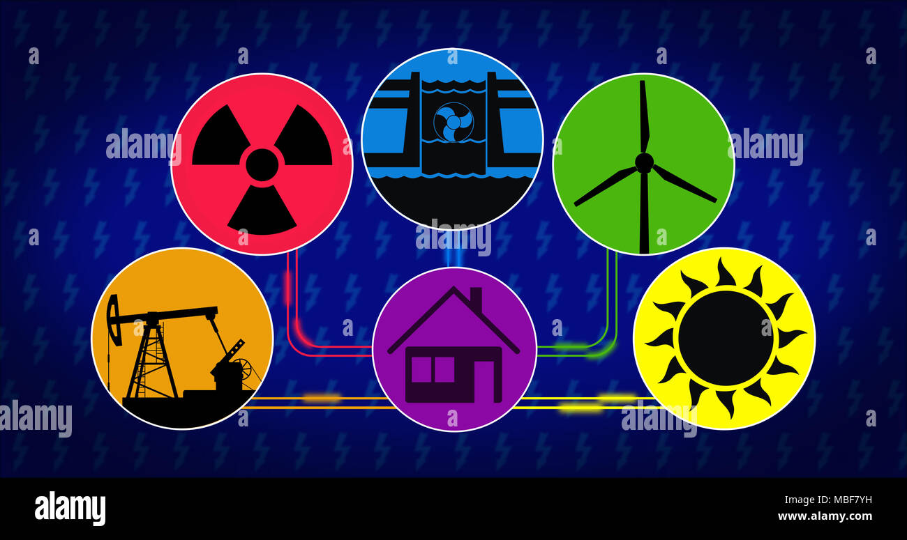 Stromerzeugung und Stromverbrauch Konzept. Symbole der Energiequelle mit Symbol für Solar-, Wind-, Wasserkraft, Kernkraft und fossilen Brennstoffen tech Stockfoto