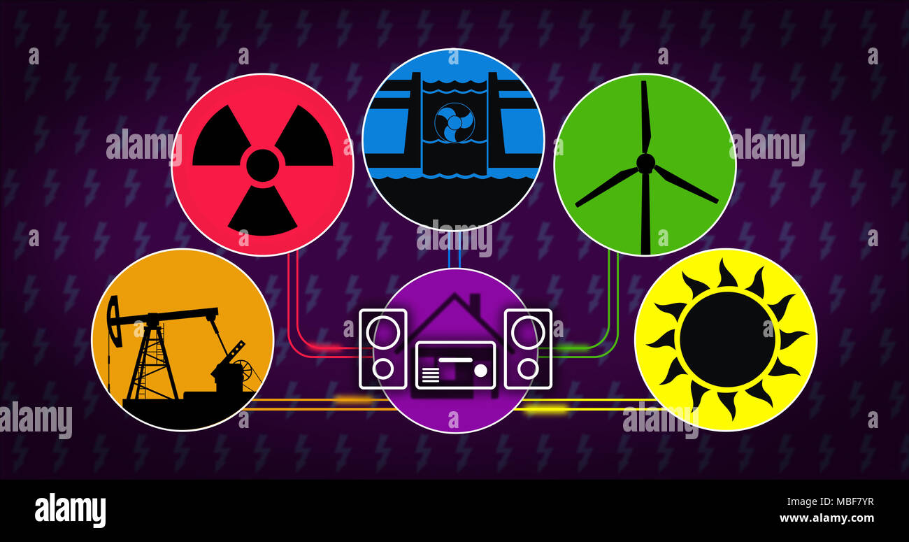 Stromerzeugung und Stromverbrauch Konzept. Symbole der Energiequelle mit Symbol für Solar-, Wind-, Wasserkraft, Kernkraft und fossilen Brennstoffen tech Stockfoto