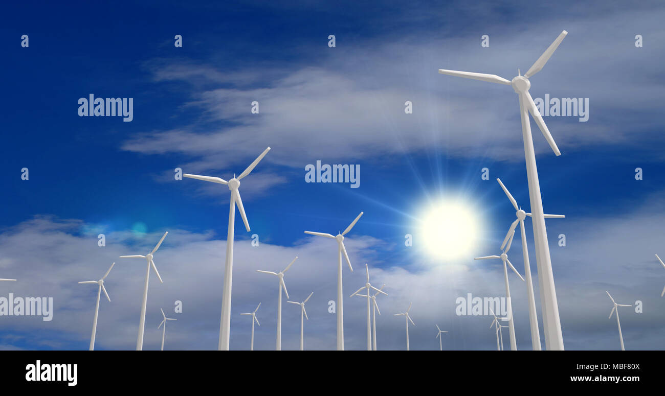 Silhouetten der weißen Windenergieanlagen an bewölkten Himmel Hintergrund. Konzept der ökologischen Energie. Stockfoto
