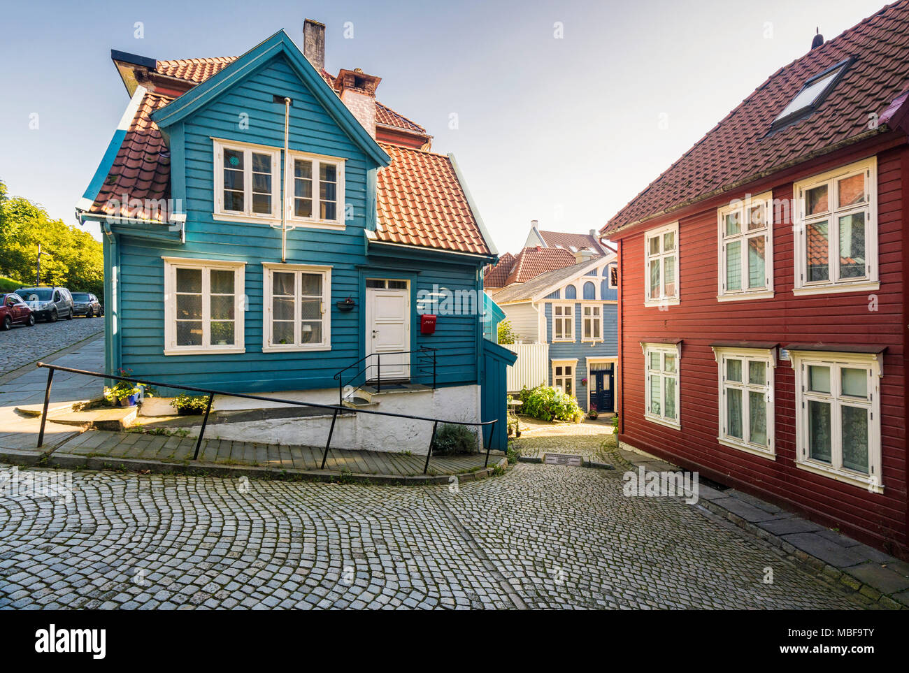 Bergen, Norwegen, die Altstadt mit bemalten Holzhäuser Stockfoto