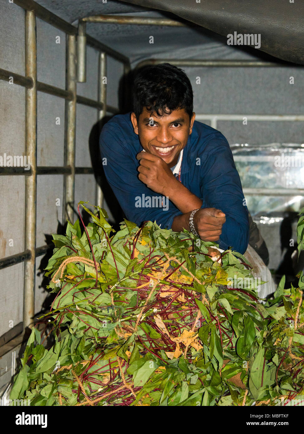 Vertikale Porträt eines Arbeitnehmers in der Rückseite eines Lieferwagens in Dambulla Obst und Gemüse Großhandelsmarkt in Sri Lanka sitzen. Stockfoto